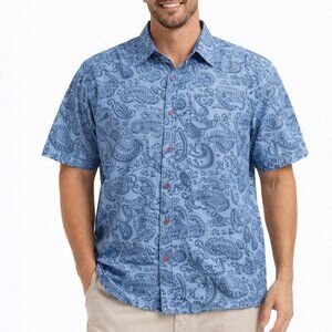 Solitude Men’s XL Blue Paisley Print Short Sleeve 100% Cotton Button Down Shirt